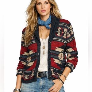 Denim & Supply Ralph Lauren Red, Navy & Cream Aztec Cardigan Sweater